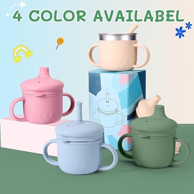 BUSOHA Stainless Steel Toddler Sippy Cup ??8oz Spill-Proof Straw Cup for 6+ Month Babies & Toddlers, 3-in-1 Reusable Travel Cup with Brush ??Dishwasher Safe, Kids Drinking Cup,Dark Green