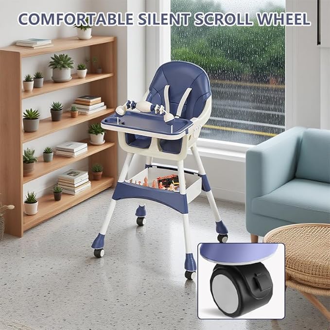 Portable Baby High Chair for Babies & Toddlers, Easy-Clean Multi-Use Feeding Chair with Lockable Wheels & Toy Storage Basket-Blue