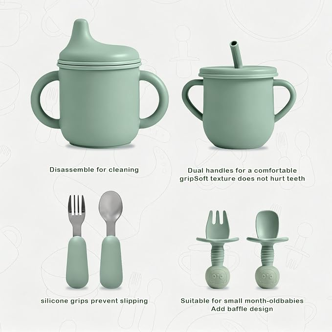 Silicone Baby Feeding Set 10 Pcs, Baby feeding essentials with Suction Plate, Bowl, Bib, Placemat, Silicone spoon&forks, Stainless Spoons&forks, straw cup and sippy cup (Blue)