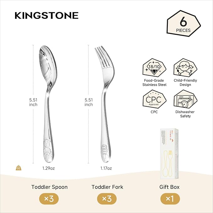KINGSTONE Toddler Utensils Set, 6-Piece Small Forks & Spoons, 18/10 Stainless Steel, Ergonomic Self-Feeding Children?™s Flatware for Home, Travel & Preschool, Honey Bear Print