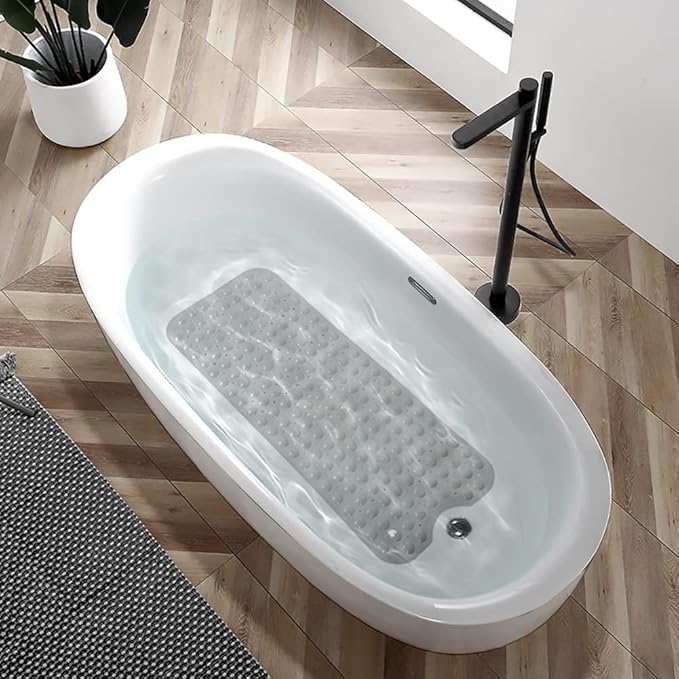 Linoows Bathtub and Shower Mats, Extra Long Non-Slip Bath Tub Mat 39 x 16 Inch, Machine Washable Bathmat with Suction Cups & Drain Holes for Bathroom Floor, Gray