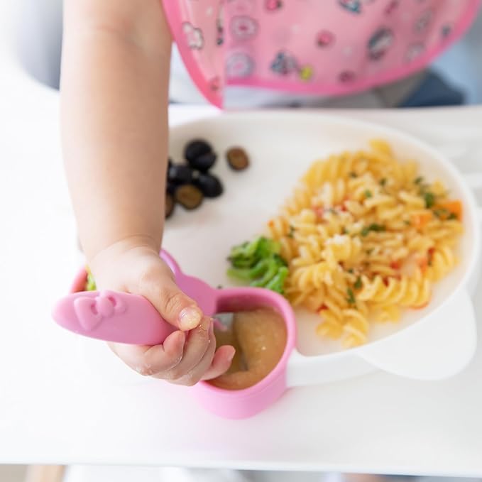 Bumkins Toddler Utensils, Kids Size Fork and Spoon Set, Silicone and Stainless-Steel Training Silverware, Angled Fork / Spork for Self-Feeding, Children Learning to Eat, 18 Mos Up, Hello Kitty Pink