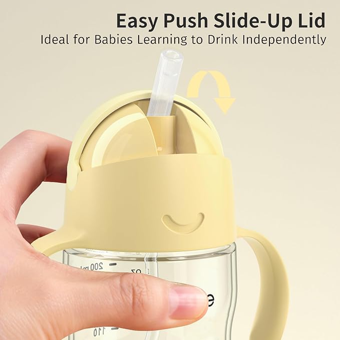 Evorie Tritan Weighted Straw Sippy Cup with Handles for Baby and Toddlers, Spill Proof Baby Water Bottle with Straw for 6 months and up, 7 Oz, Infant Training Water Bottle (Lemon Yellow)