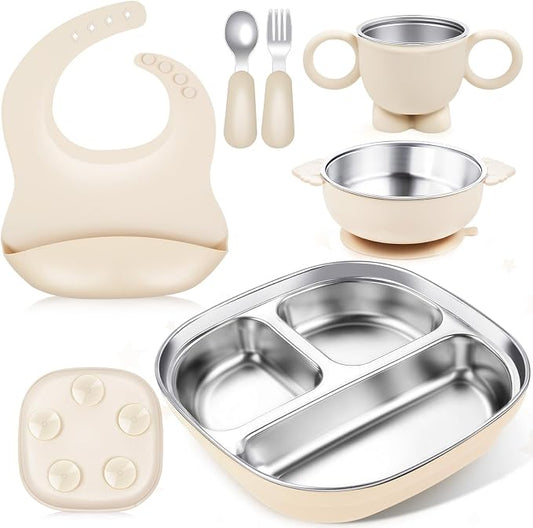 Stainless Steel Kids Plates and Bowls, 6 Pcs Baby Tableware Set Contain Deep-Divide Toddler Plates, Bowls, Cup, Utensils & Bib – BPA-Free 304 Steel + Silicone Suction – Dishwasher Safe