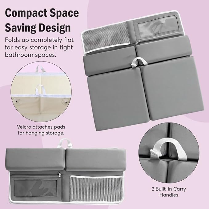 UR Choice Bath Kneeler and Elbow Rest Pad Set, Kneeling Pad for Bathing Baby, Non Slip Foldable Kneeling Mat for Toddler, Bathtub Cushion Foam Kneeler Mat with Toy Organizer Pocket - Grey