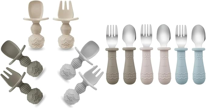 PandaEar Silicone Baby Spoons & Toddler Utensils (Light Tan/Walnut/Blue)