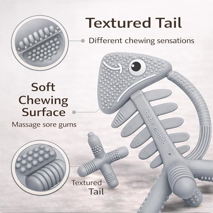 3 in 1 Infant Toys, Baby Teething Toys 3?? 6??2 Months, Teethers for Babies 0??????2 Months for Teething Relief, Baby Gift, Baby Teether Toys, Silicone Sensory Toys, USA Patent Pending, Fish (Gray)