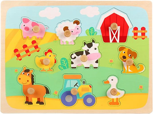 Montessori Wooden Peg Puzzle, Zoo Animal Shape Matching Board with Large Knobs,Model f