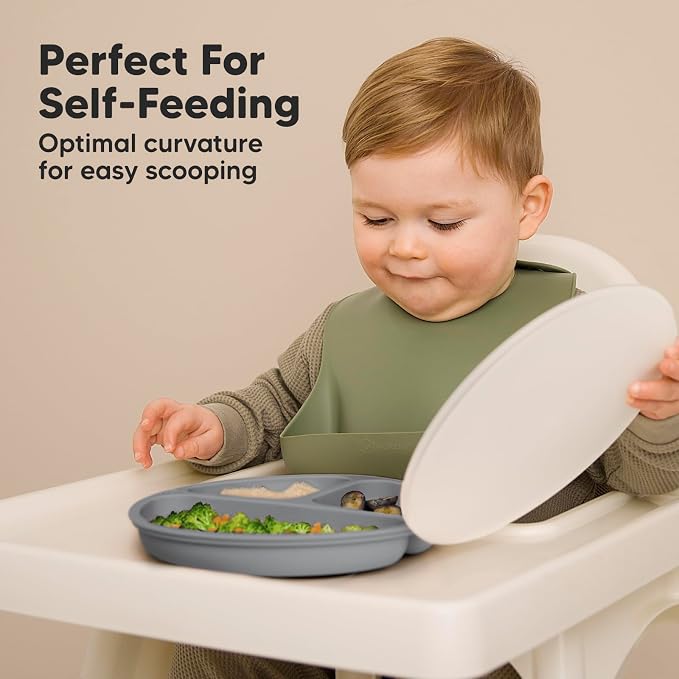 KeaBabies 3-Pack Silicone Baby Spoons and 3-Pack Suction Plates with Lids - Toddler First Food Training Spoon - 100% Silicone Suction Plates with Lids for Babies