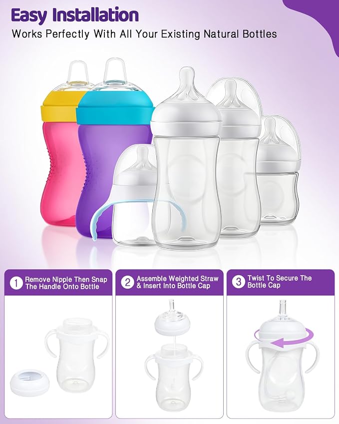 Sippy Straw Cup Conversion Kit for Philips Avent Natural Baby Bottles, Soft Silicone Spout & Weighted Straw, Easy-Grip Handles & Cleaning Brush, BPA-Free,Pack of 3