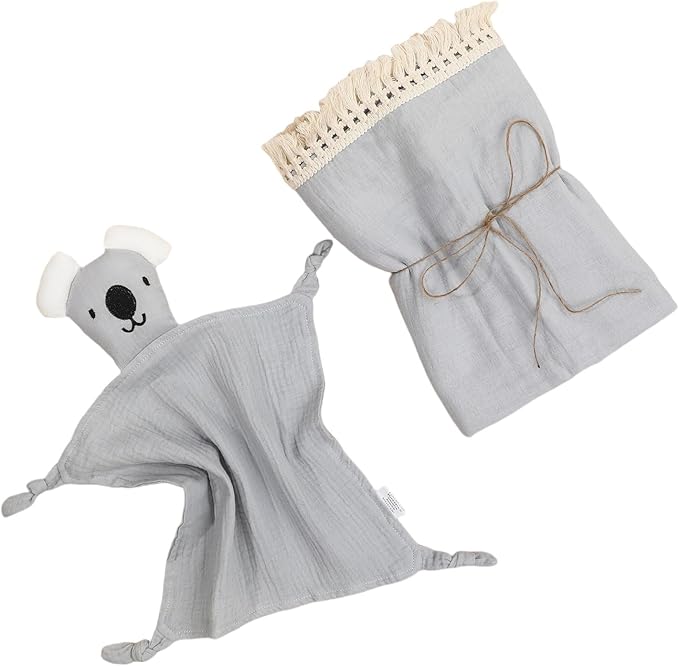 Cotton Muslin Baby Blanket with Tassel,Koala Lovey Security Blanket,Soft Breathable Nursery Decor,Nursing Cover for Newborn Infant Toddler 47"x47" (Grey)