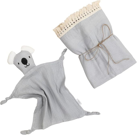 Cotton Muslin Baby Blanket with Tassel,Koala Lovey Security Blanket,Soft Breathable Nursery Decor,Nursing Cover for Newborn Infant Toddler 47"x47" (Grey)