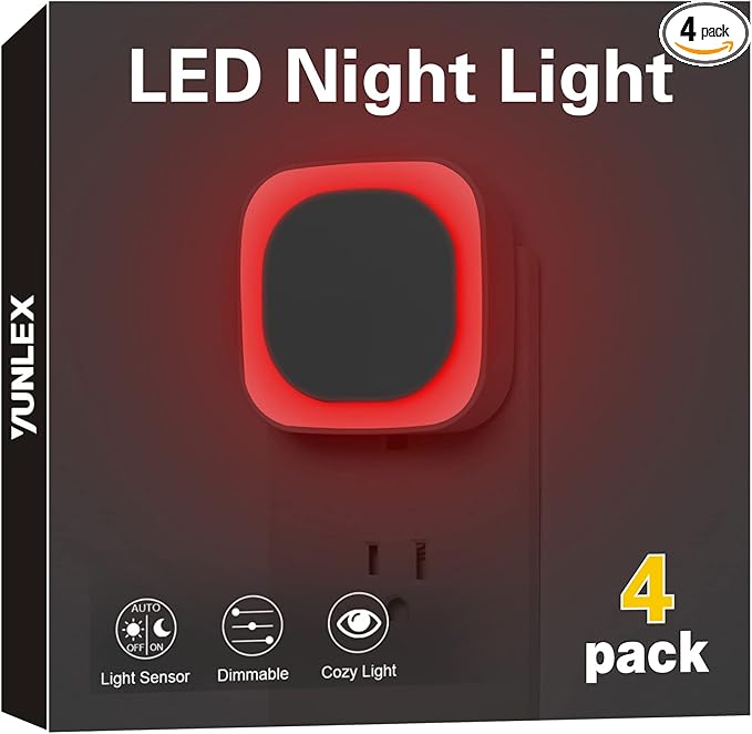 YUNLEX 4 Pack Red Night Light with Dusk to Dawn Sensor, Eye-Care Reflected Glow, 0% Blue Light True Red LED, 3-Level Brightness, Auto On/Off, Plug-in Nightlight for Sleep, Kids, Bedroom, Bathroom