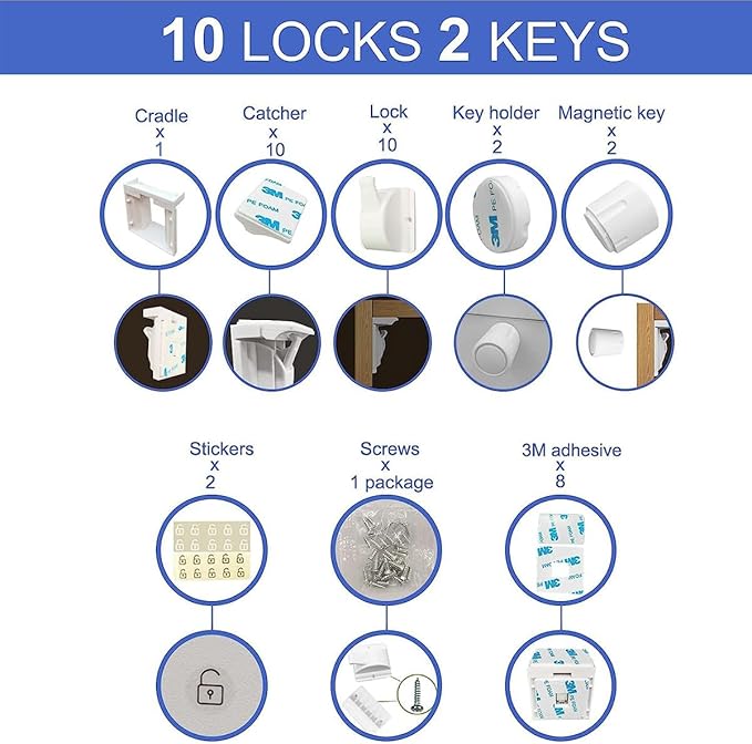 ROTOPATA Magnetic Cabinet Locks for Babies Child, Baby Proofing Safety Latch for Cabinets Drawers Cupboard Kitchen Bedroom, Adhesive or Screw Two Installation Methods(10 Locks & 2 Keys)