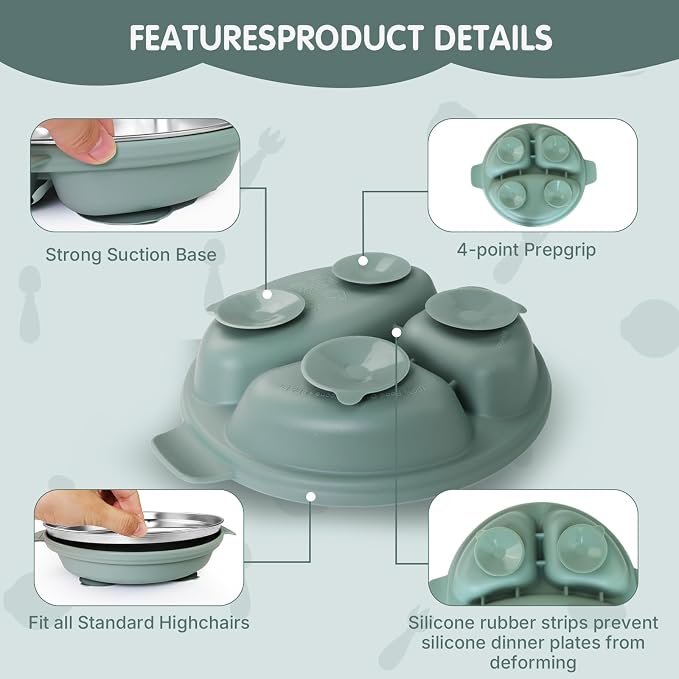 Stainless Steel Toddler Plates with Suction | Non-Slip Divided Baby Plates BPA Free & Non Toxic | Detachable Silicone Base| Dishwasher Safe | Unbreakable Kids Dinnerware 3-Pack
