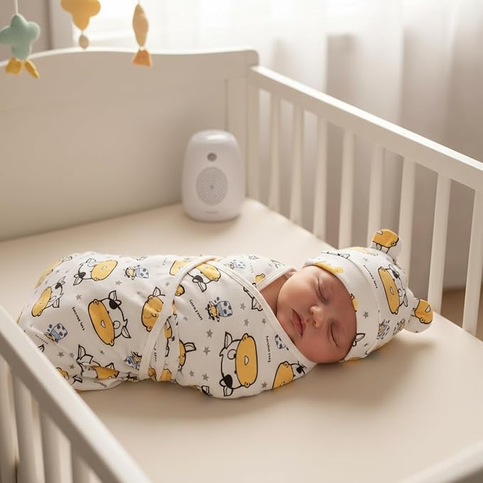Ramede 6 Pack Swaddle Blanket with Hats for Baby Girl Boy 100% Cotton Swaddles 0-3 Months, Adjustable Breathable Skin Friendly Receiving Blanket Wrap, Essential for Newborns(Rainbow,Yellow)