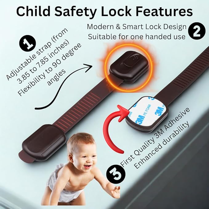 Child Safety Cabinet Locks (8 Pack) – Adjustable Baby Proofing Strap Latches with Strong 3M Adhesive – No Drill Childproof Locks for Drawers, Cabinets, Fridge, Door, Closet, Brown