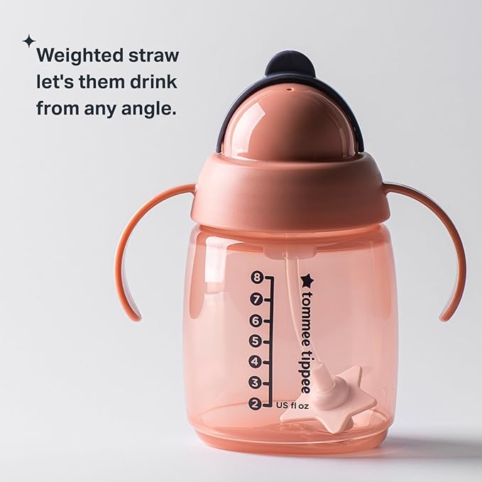 Tommee Tippee Starter Weighted Straw Baby & Toddler 10oz Sippy Cup for 6 Months+, with Silicone Weighted Straw and Easy-Hold Handles, BPA Free, Pink, Pack of 2