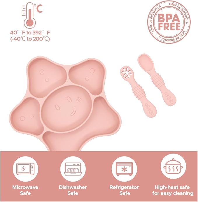 BabyX Silicone Feeding Set (3 PCs) Cove & Coast Series, Baby Plate with Suction Cup, Training Spoon and Fork, BLW Utensils for Toddler Kid, BPA-Free, Microwave/Dishwasher Safe - Pink Sea Star