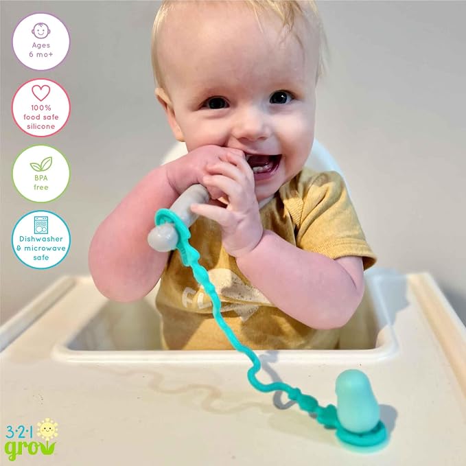 • Easy Learn Baby Spoon & Tether Set • Baby Spoon with Tether for Babies and Toddlers • Keeps Spoon Off Floor • Ages 6 mo+ • Dishwasher Safe (Penguin, Sea Foam)