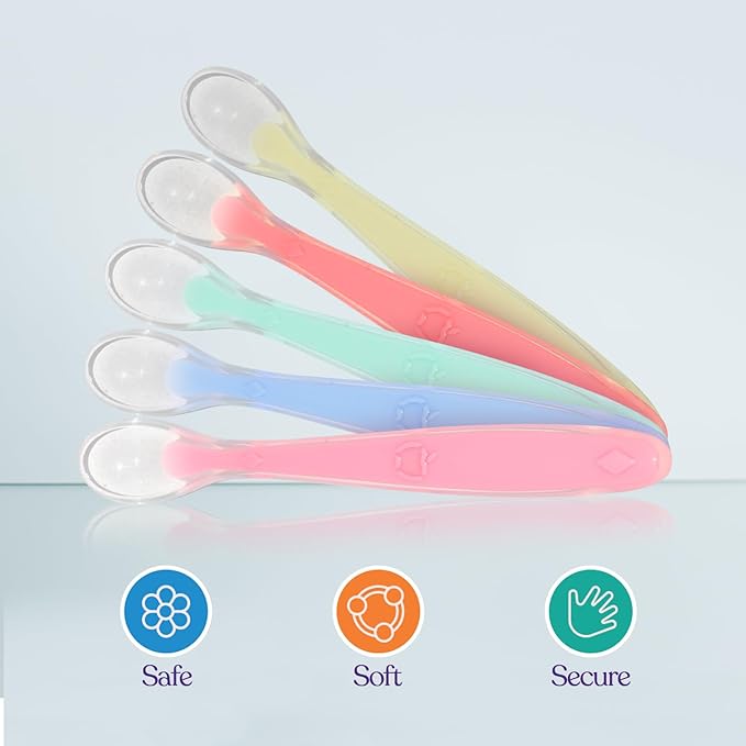 Best Baby Spoons First Stage 4 Months, Soft Food Grade Silicone, Baby Spoon Self Feeding, Infant Spoons First Stage Toddler Spoons, Baby Utensils Training Spoon Gift Set 5 Pack