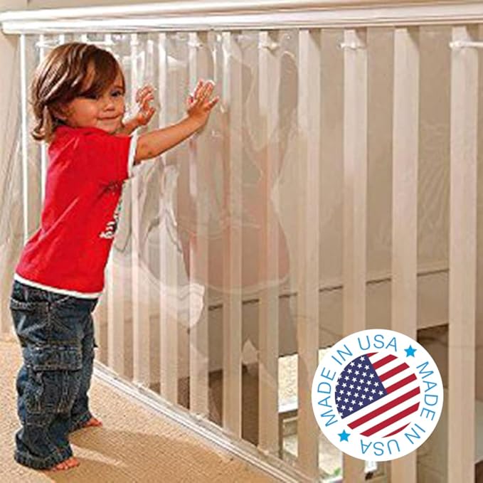 KidKusion Banister Guard for Childproofing and Pet Safety | Made in USA | 15' L x 33" H | Shatterproof Plastic Transparent Roll with Zipties and Hole Punch