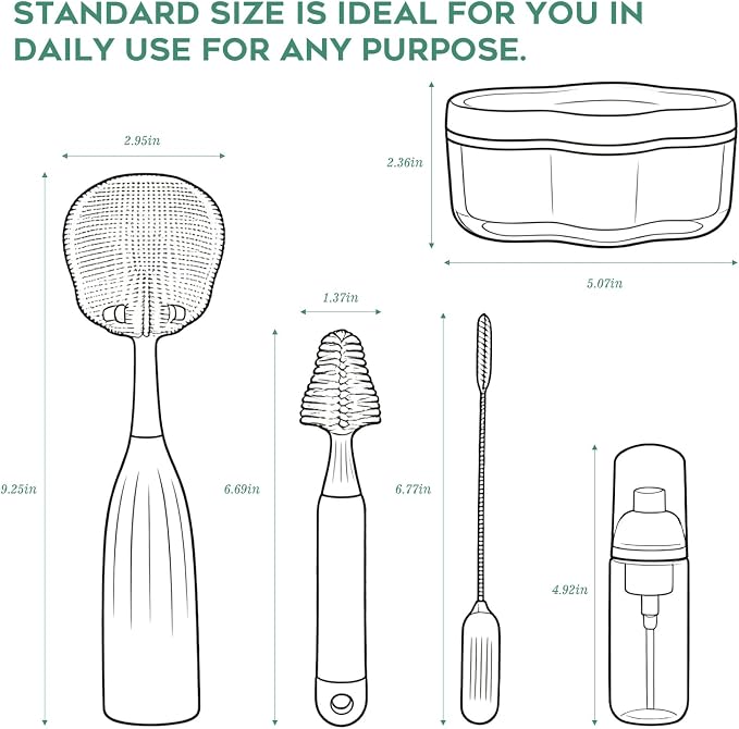 Baby Bottle Brush Set, Silicone Bottle Brush Cleaner with Nipple & Straw Brushes, Push-Press Bubble and Drying Rack for Bottle Cleaning,BPA-Free,Bottle Washer Brush for Breast Pump (Green)