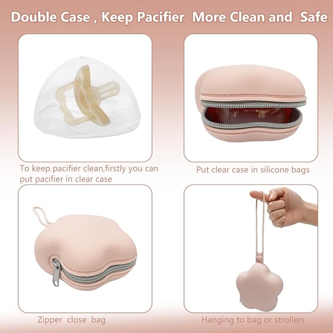 4 Pack Pacifier Holder Case,2pcs Silicone Portable Pacifier Pouch and 2pcs Transparent Nipple Holder Case Container, On-the-GO Pacifier Storage Container Box,BPA Free, Easy to Clean（Pink&Khaki）