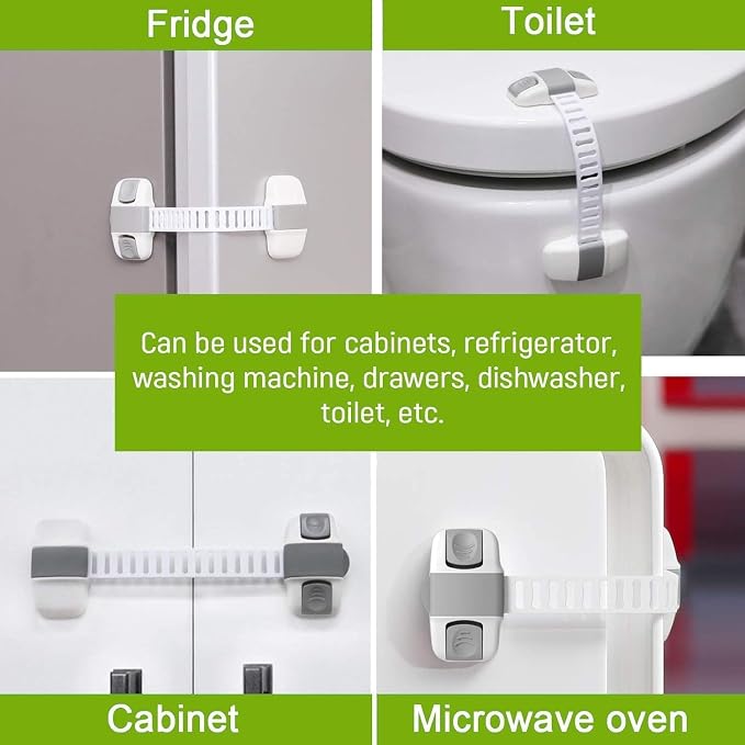Multi-Purpose Child Safety Lock, Adjustable Length, for Cabinets, Refrigerator, Toilet, White (Pack of 8)