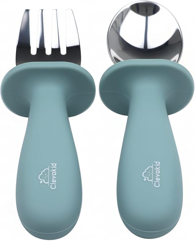 Toddler Stainless Steel Spoon & Fork Set, Non-Slip Silicone Handle, BPA-Free, Self-Feeding (Blue Light)
