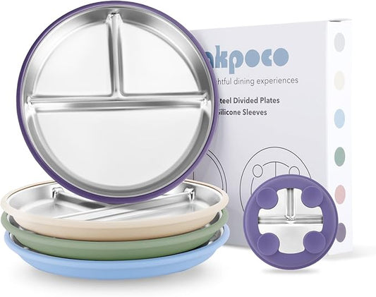 Bakpoco Stainless Steel Suction Plates for Toddlers, 9" Divided Kids Baby Plates with Removable Silicone Suction, Non Toxic Non Slip Portion Control Snack Dishes 4 Packs, Blue Green Purple Beige