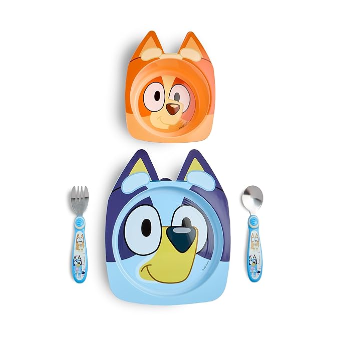 The First Years Bluey Kids Dinnerware Set - Includes Bluey Suction Plate, Bingo Suction Bowl, and Stainless Steel Toddler Silverware - Toddler and Baby Feeding Essentials - 4 Count