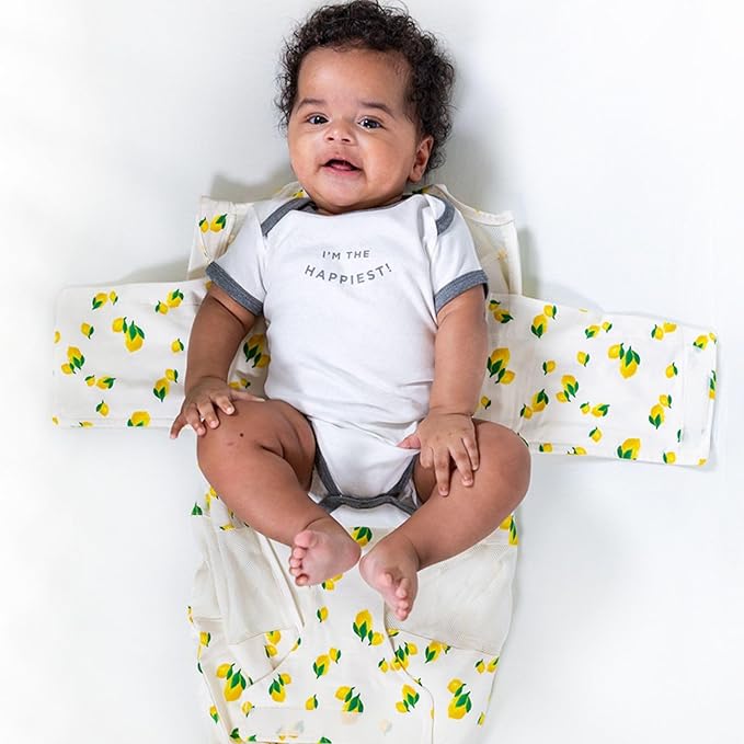 Happiest Baby Sleepea 5-Second Swaddle - 100% Organic Cotton Baby Swaddle Blanket - Doctor Designed Promotes Healthy Hip Development (Ivory Lemons, Large)