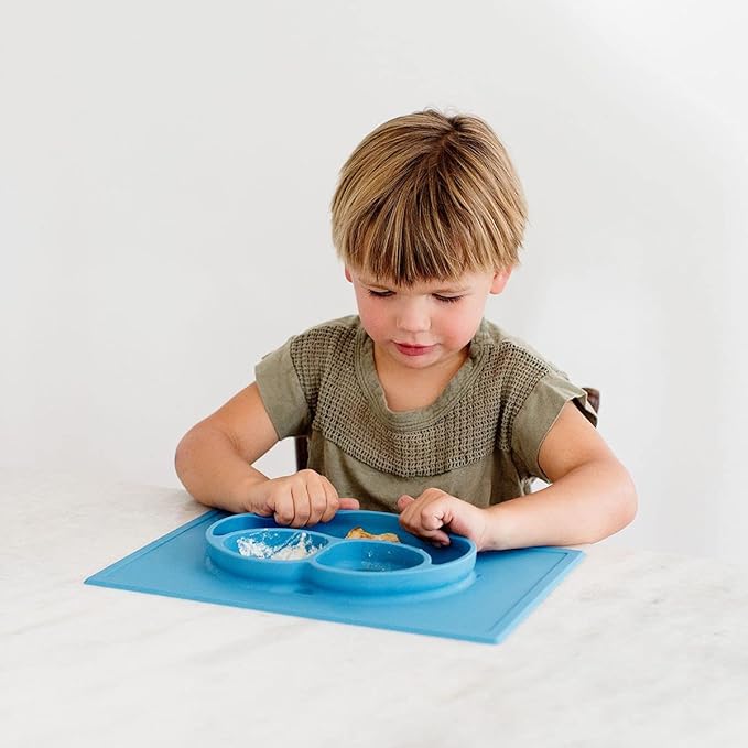 ezpz Happy Mat (Blue) - 24 Months+ - 100% Silicone Suction Placemat + Divided Plate with Three Compartments - Toddler + Preschool Essentials