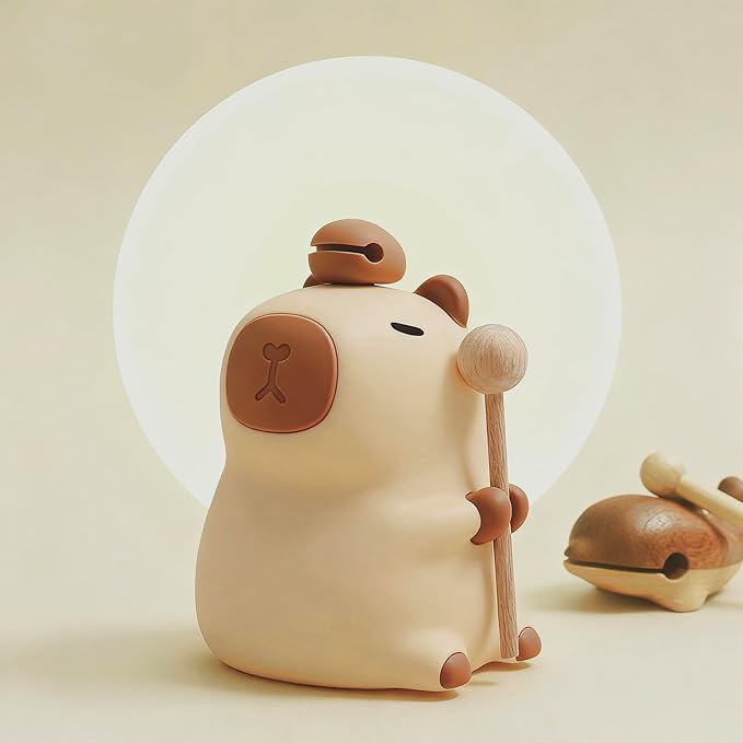 Capybara Night Light, Nursery Lamp, 7-Color RGB & 3-Level Warm Dimmable, Tap Control, 30Min Timer, 100% Safe &Soft Silicone, Adorable, Soothing Ambiance, Gift for Kids, Zen, Wooden Fish