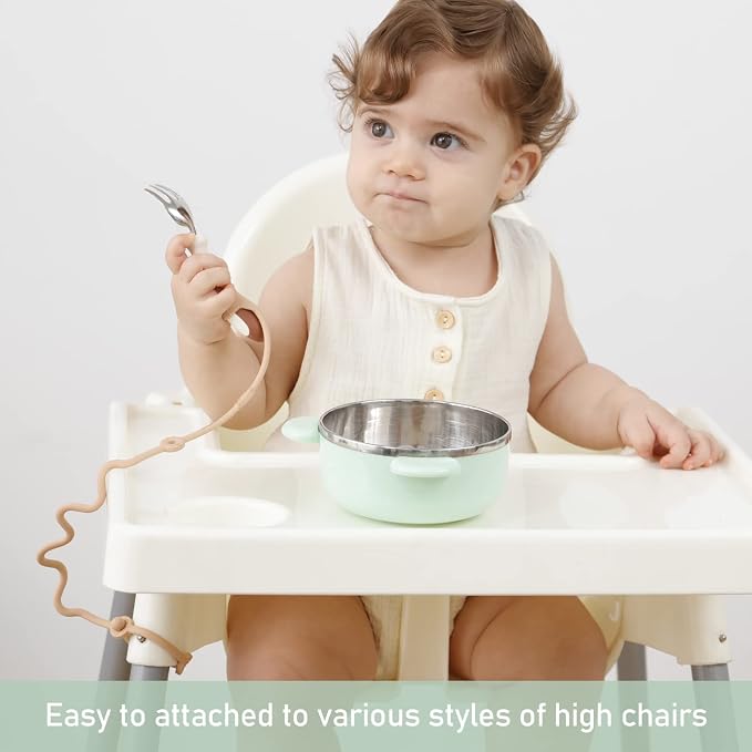 Baby Spoons Self Feeding 6 Month,Toddler Utensils Holder Strap Food Grade Silicone Keep Fork and Spoon Off The Floor Great for Kids,Hook On High Chair（Blue）
