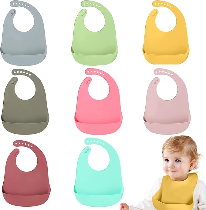 Silicone 8-Pack Bibs for Babies Toddlers Girls| Adjustable Waterproof BPA Free Soft Durable Bibs for eating with Large Pocket Food Catcher,Dishwasher Safe