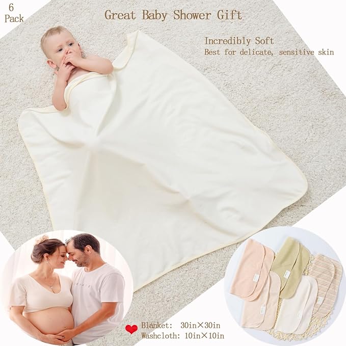 6-Pack Organic Cotton Baby Bath Set - Ultra Soft Embroidered Hooded Towel and 5 Washcloths, Premium Gentle Newborn, Toddlers Gift for Sensitive Skin, Stripes, 30 x 30 Inch
