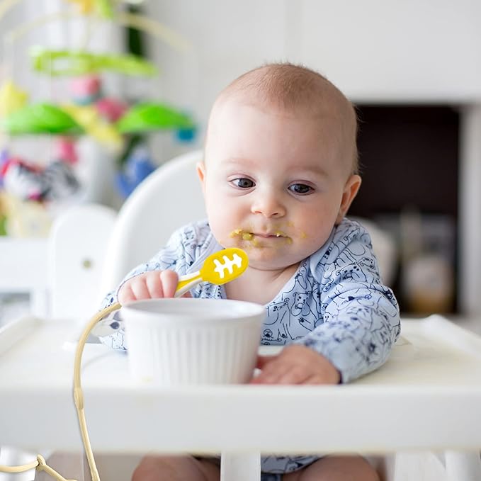 Baby Spoons Self Feeding 6 Months Silicone Strap Toddler Utensils Fixer Highchair Accessories-Gelinor Feeding Aid for Keep Baby Utensils Close at Hand and Off The Ground(Beige)-No Spoon