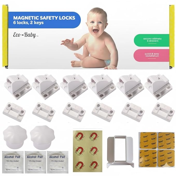 Magnetic Cabinet Locks for Babies (6 Pack Locks with 2 Keys), Eco Baby Baby Proofing Cabinet Locks, Child Locks for Cabinets Drawers Doors, Easy Installation No Tools Required