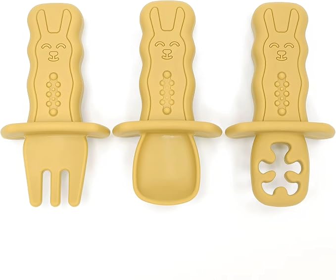 Baby Feeding Utensil Set, 3-piece Silicone Spoon, Fork & Training Feeder for Toddlers (Yellow)