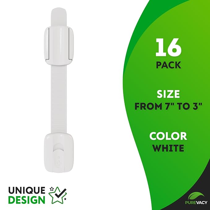 16 Pack of Child Safety Strap Locks 7.5 Inch. Child Safety Cabinet Locks. Adjustable Child Locks for Cabinets No Drilling. Self-Adhesive Drawer Locks for Furniture, Kitchen, Toilet