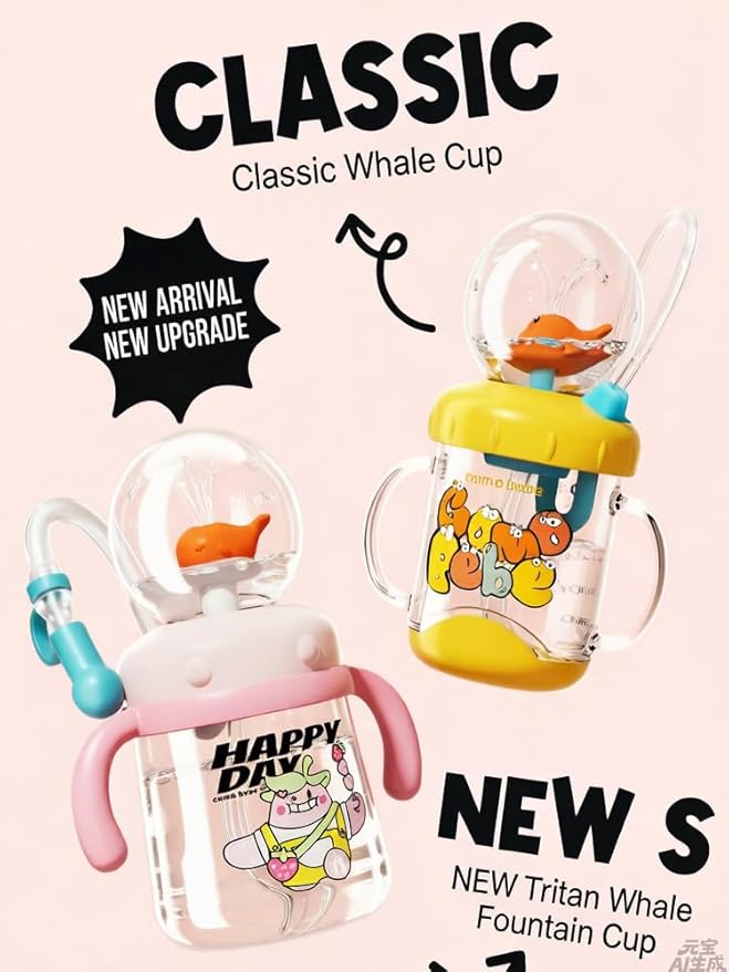 Comobebe Whale Fountain Cup for Kids Toddlers: 10oz/300ml Spill Proof Toddler Sippy,Straw Cup with Handle & Strap, BPA-Free forsippy cups for toddlers 1-3,Kids Water Bottle (Pink)