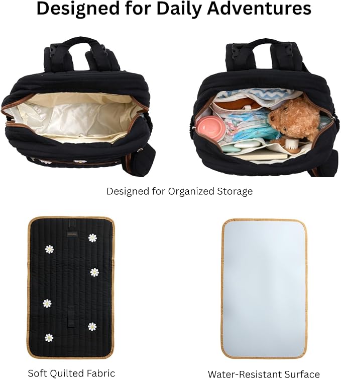 GOBABYMART Large Diaper Bag Backpack with Changing Pad, Insulated Bottle Pockets, Travel & Hospital Bag for Mom & Dad (Large - Black Flowers)
