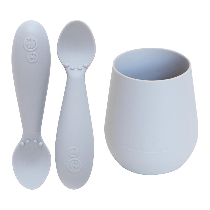 ezpz Tiny Cup (Pewter) + Tiny Spoon (2 Pack in Pewter) - baby essentials, cup and spoon