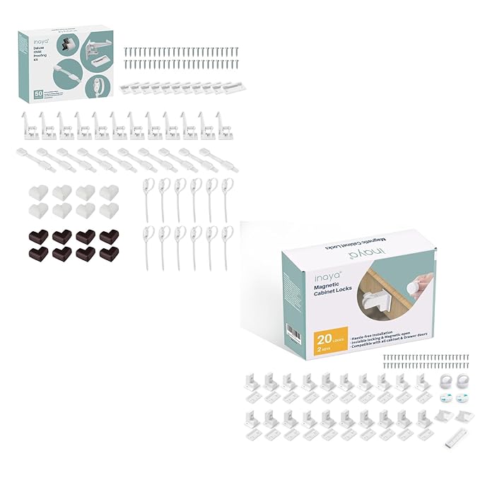 Inaya Complete 50pc Deluxe Baby Proofing Kit & Magnetic Cabinet Locks Baby Proofing (20 Locks & 2 Keys)