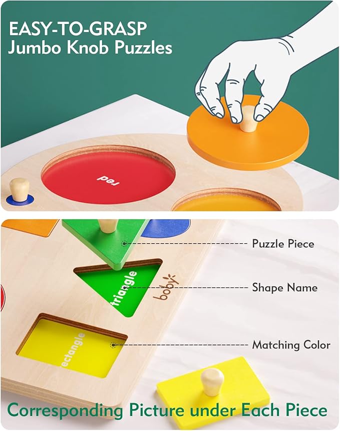 Boby Shape Color Puzzle for Toddlers 1-3, Montessori Learning Toys for 1 + Year Old Girl, Jumbo Knob Wooden Pegged Chunky Shapes Puzzles for Kids Ages 3, Baby Educational Toys 12-18-24 Months Boys