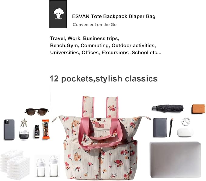 ESVAN Diaper Tote Bag Totepack Backpack 2 in 1 for Women Multifunctional Large Capacity with Insulated Pockets Travel | Multifunctional