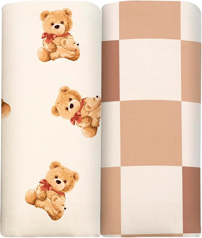 BabyWhale Muslin Swaddle Blankets for Boys & Girls Unisex, 2-Pack Viscose from Bamboo Cotton Large Baby Swaddle Blankets (47" x 47"), Bear & Checkered Coffee Pattern