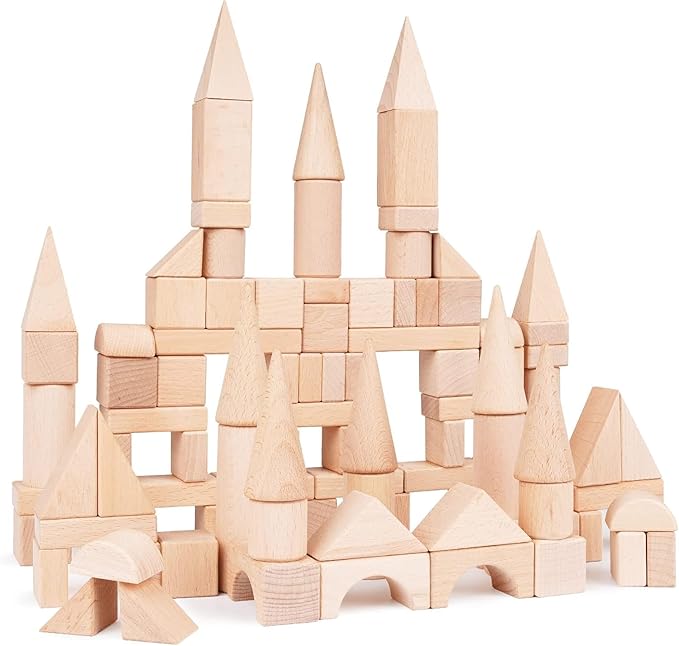 100Pcs Wooden Building Blocks Set- Wood Stacker Stacking Blocks Game Toys for Toddlers, Multiple Shapes, Toddles Blocks- Baby Wooden Blocks for Kids Learning and Playing